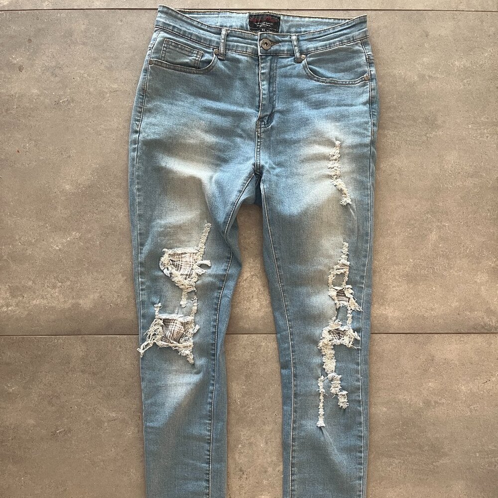 Liquor N Poker Skinny Ripped Washed Blue Jeans with Plaid Panels Size 32